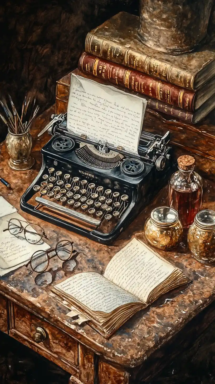 Máquina de escribir vintage y herramientas de escritura sobre un escritorio desgastado