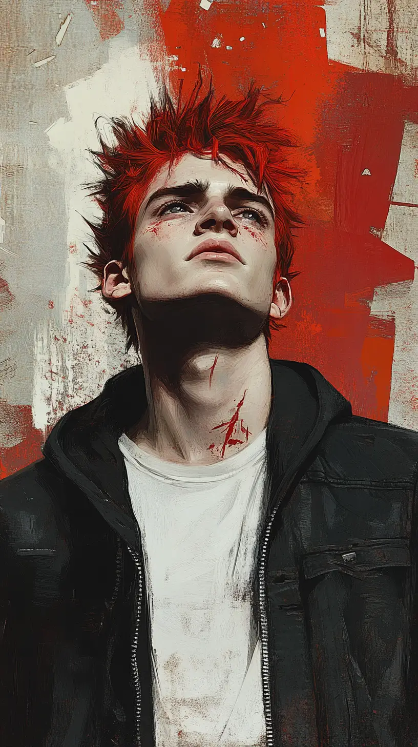 Young man with red hair in abstract red and gray portrait