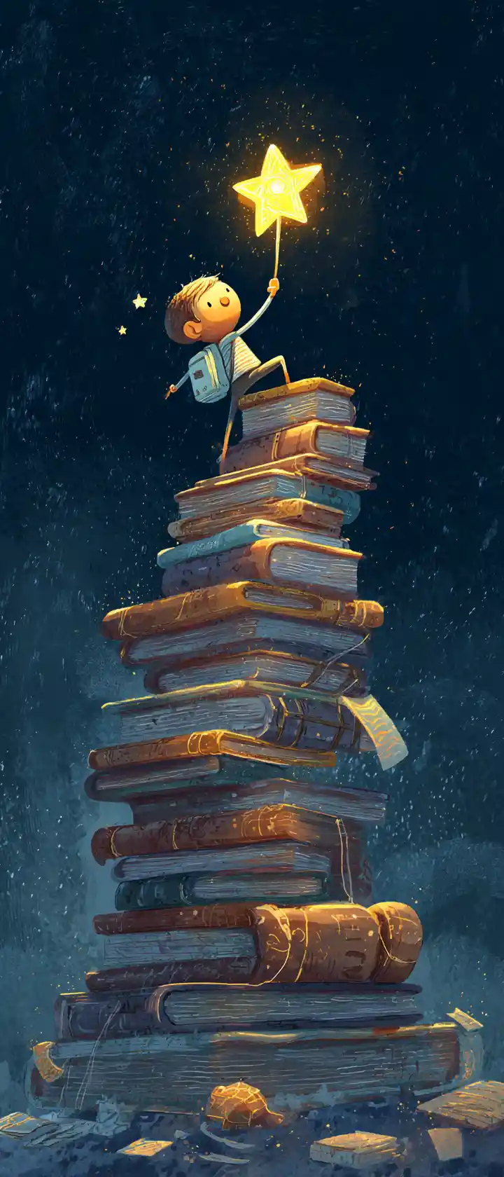 Claymation boy climbing stacked books toward glowing star