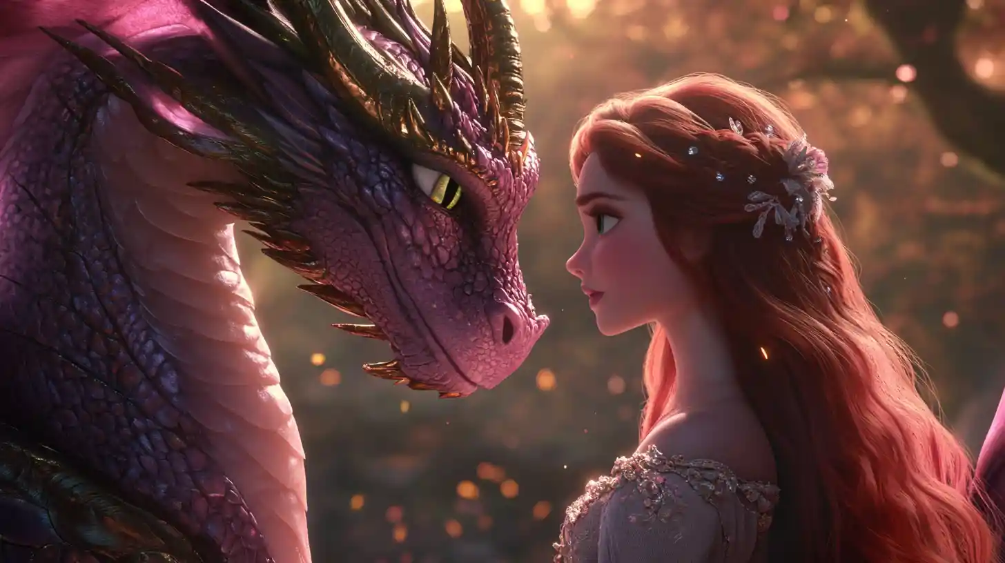Romantic woman and dragon in enchanted twilight forest