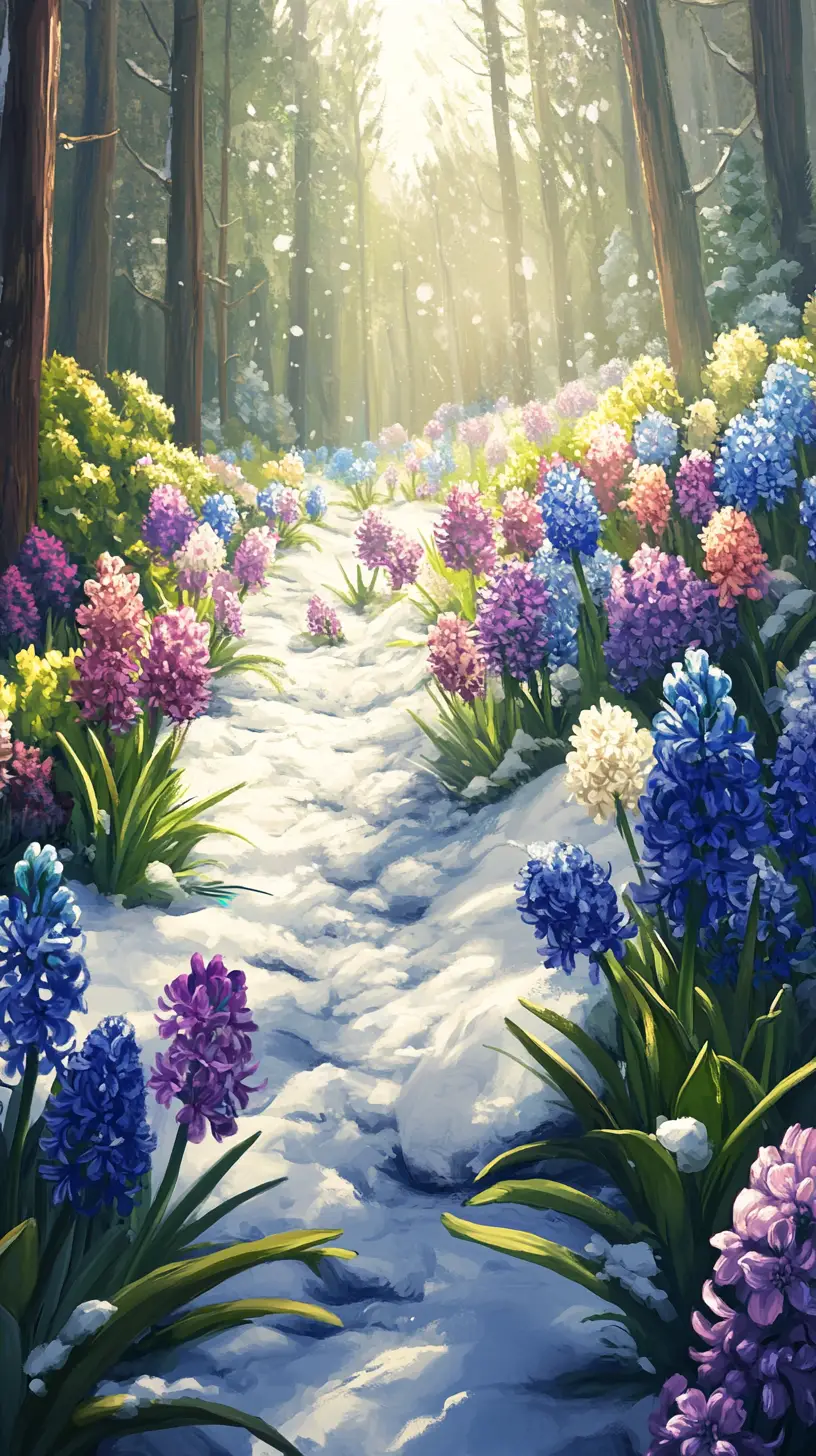 Hyacinths Blooming In A Quiet Snowy Meadow Illustration