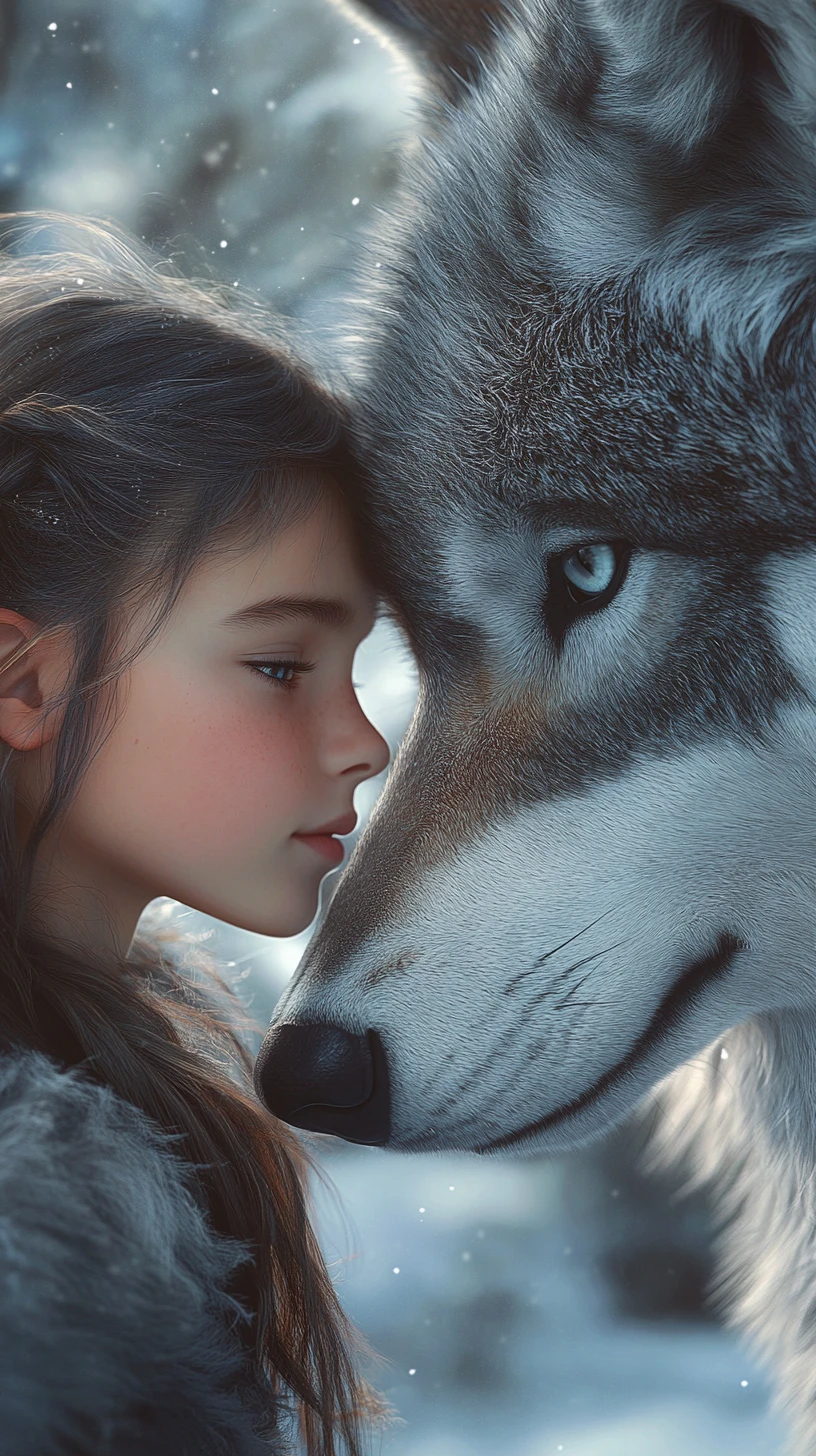 Jeune fille avec un loup dans un tendre portrait de forêt hivernale