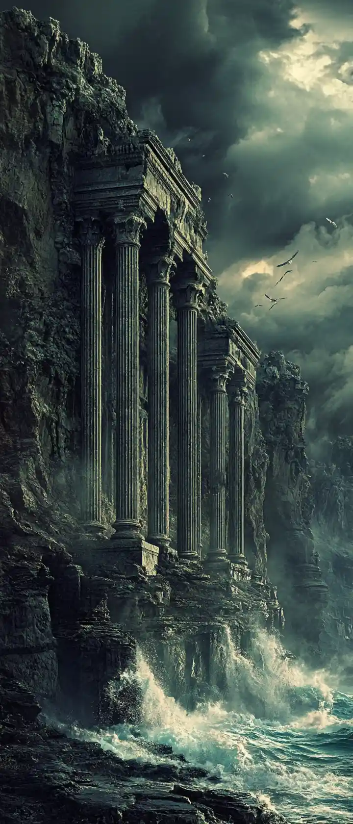 Ancient cliffside temples under storm clouds from a low view