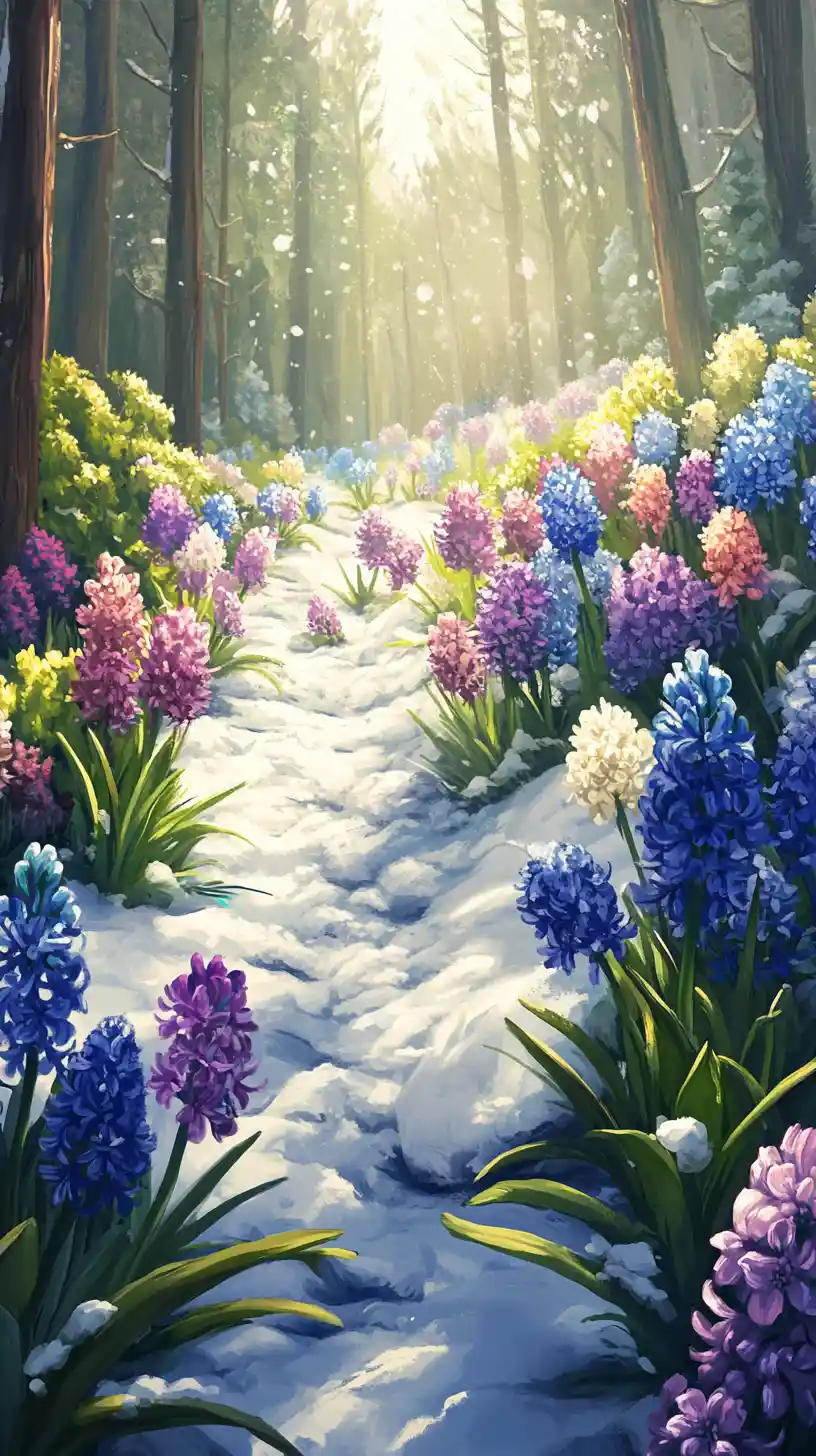 Hyacinths Blooming In A Quiet Snowy Meadow Illustration