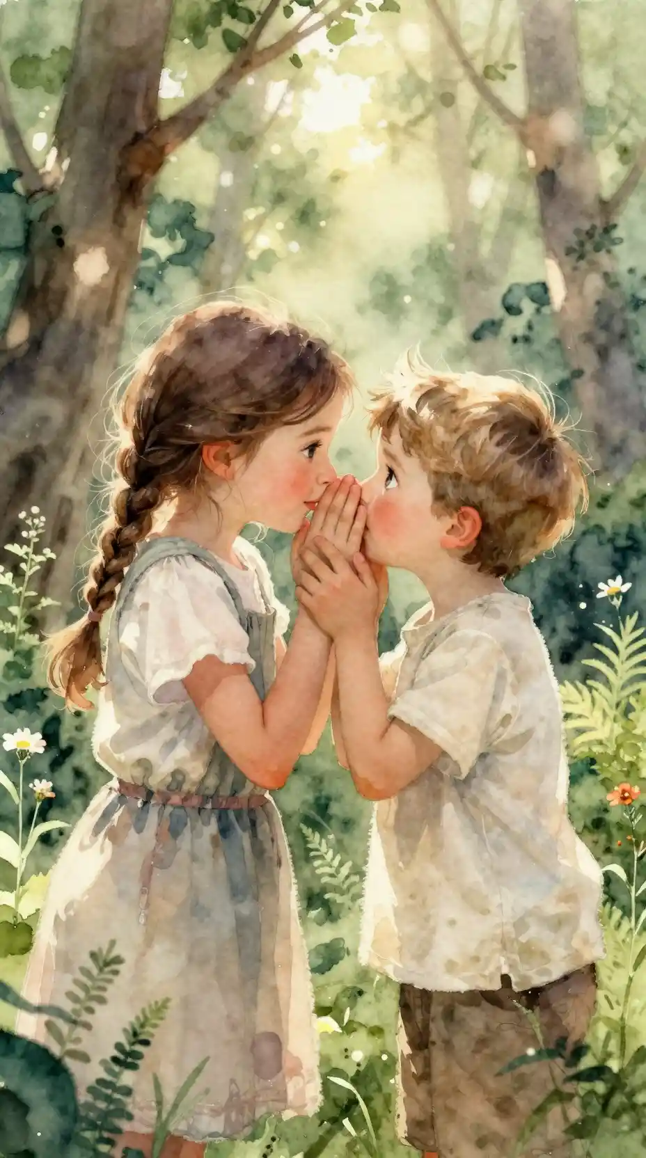 Watercolor children sharing a secret in sunlit forest