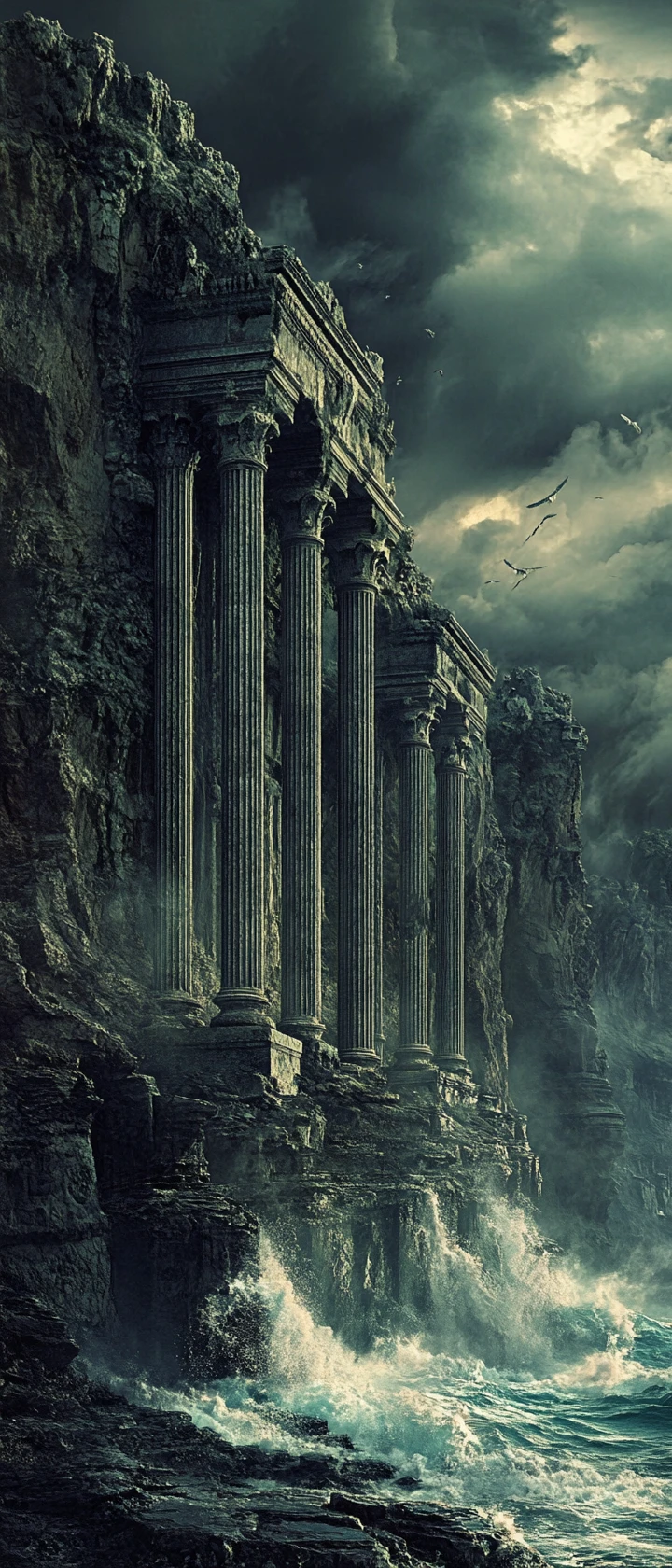 Ancient cliffside temples under storm clouds from a low view