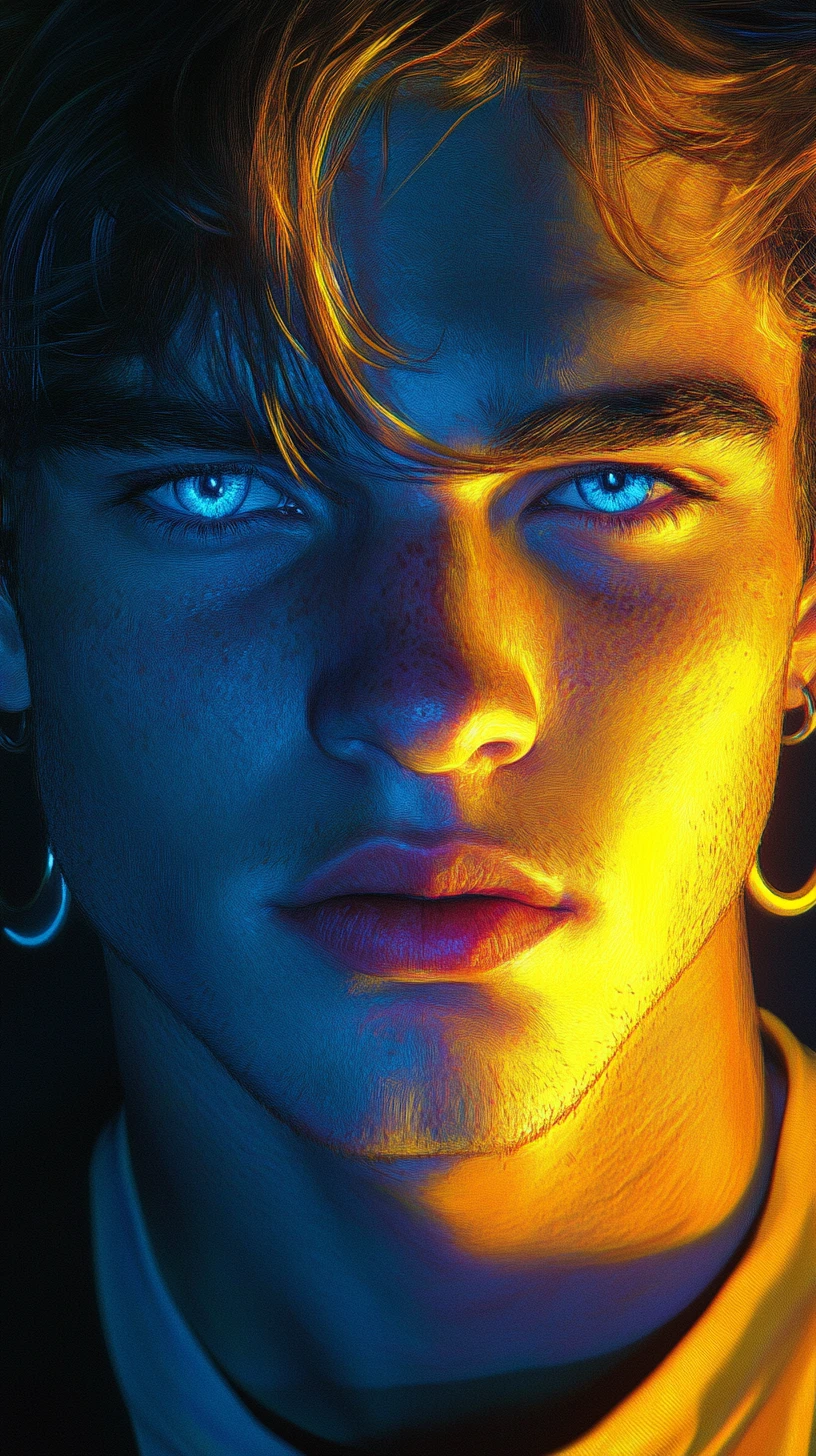 Young man portrait in bold yellow and blue digital art