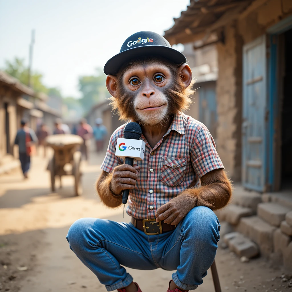 Monkey news reporter in an Indian rural village scene