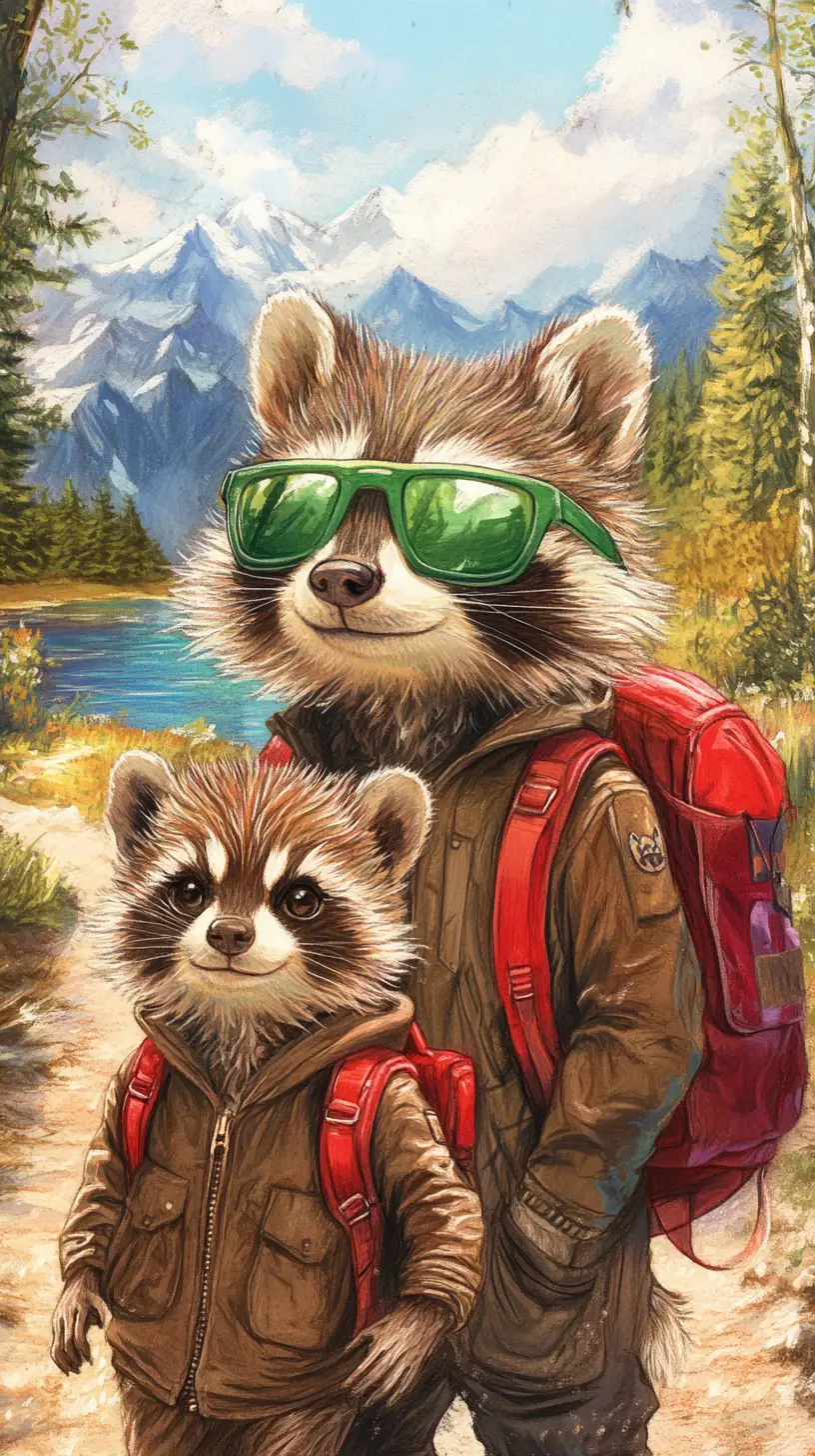 Joyful raccoons hiking through a colorful forest landscape