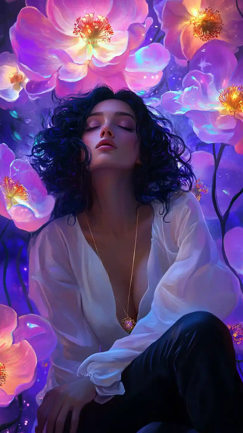 Donna in bianco che riposa tra fiori di fantasia luminosi