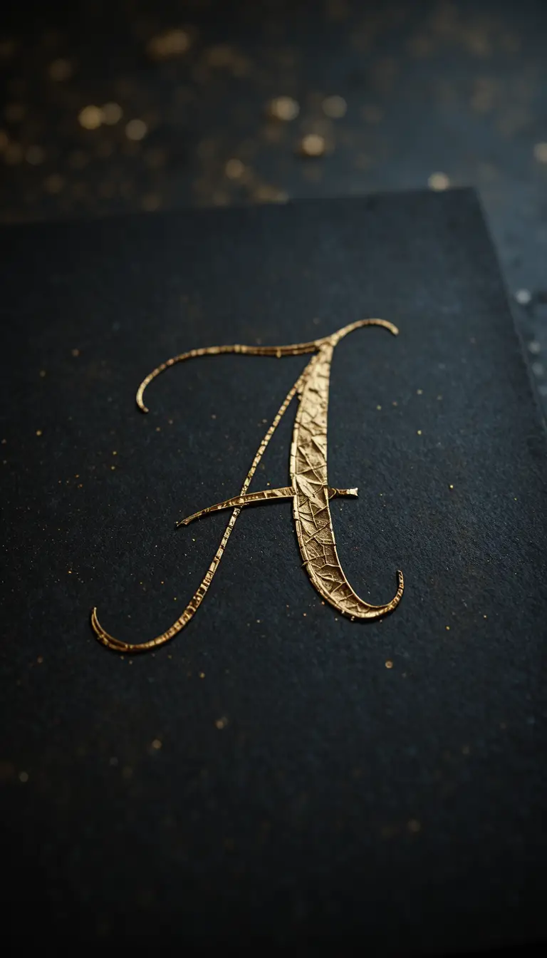 Golden handwritten letter on dark softly lit surface