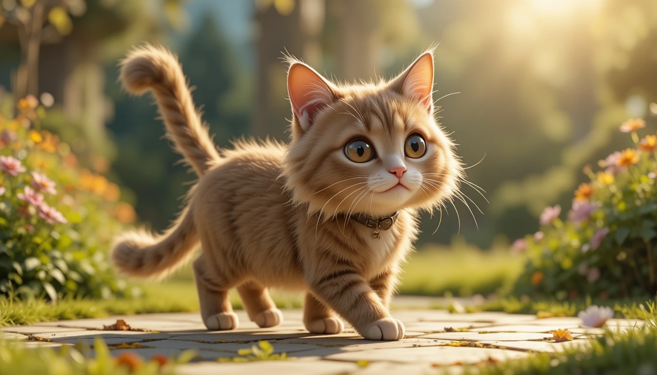 Dolce gattino 3D cartoon che cammina all’aperto al sole