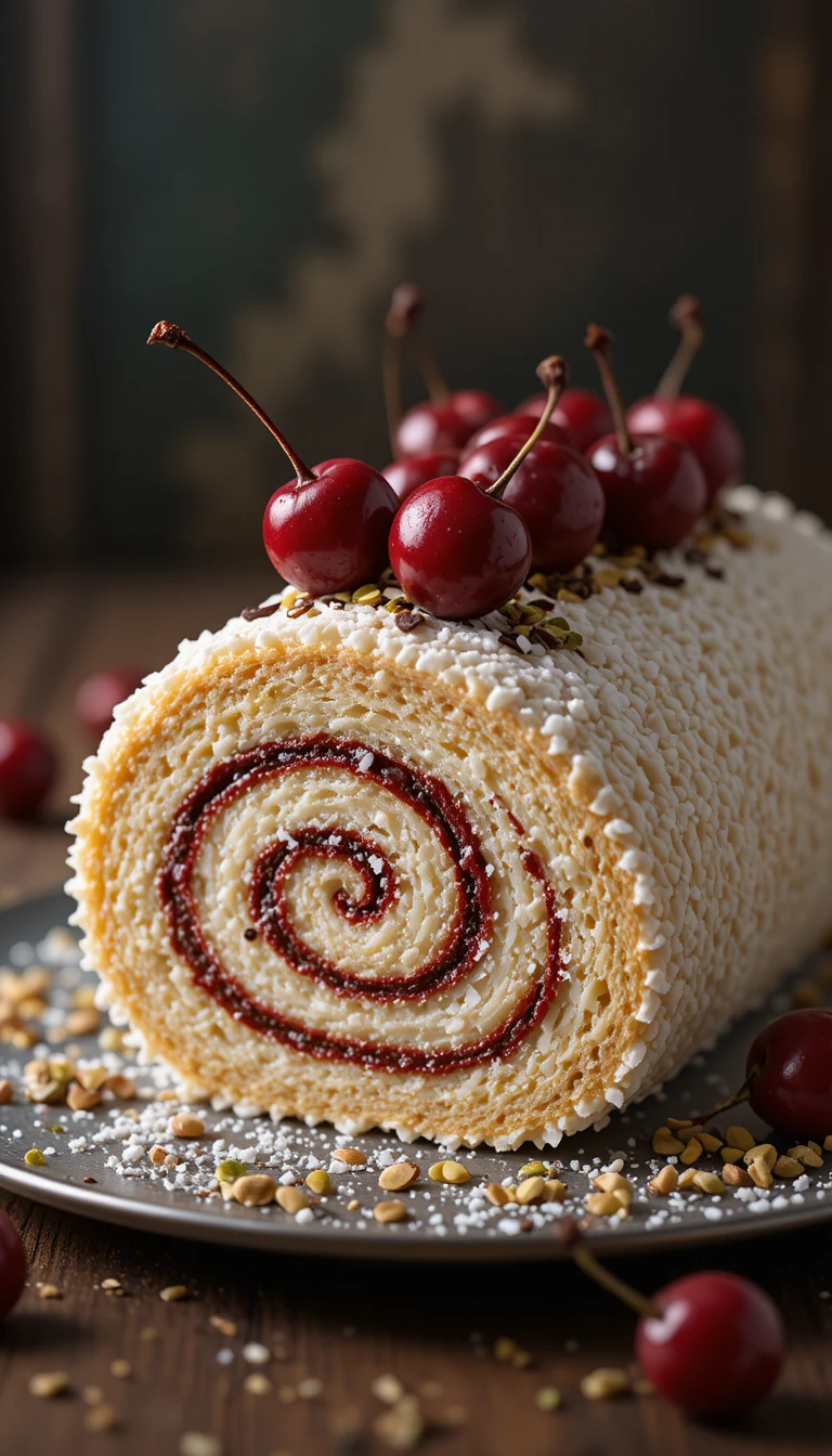 Brazo de gitano de vainilla con cerezas y láminas de coco