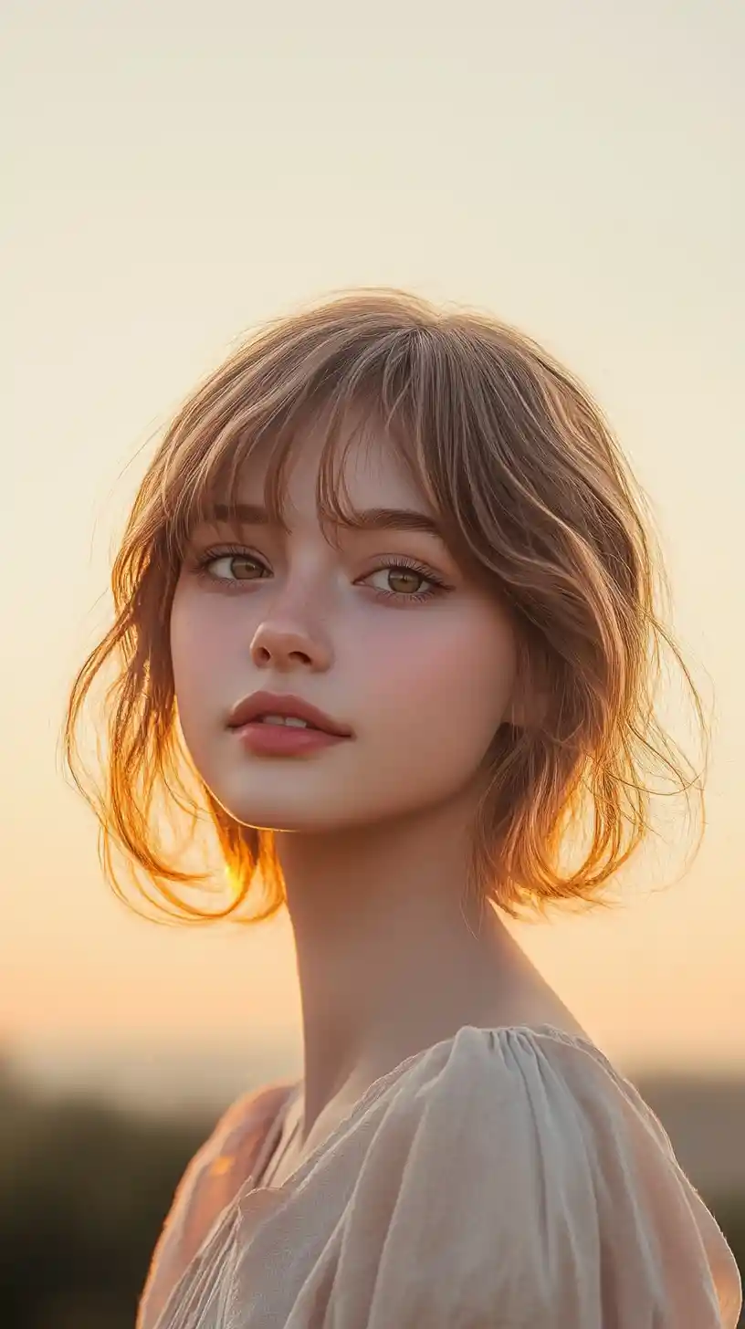 Shy anime girl smiling softly in warm dawn light