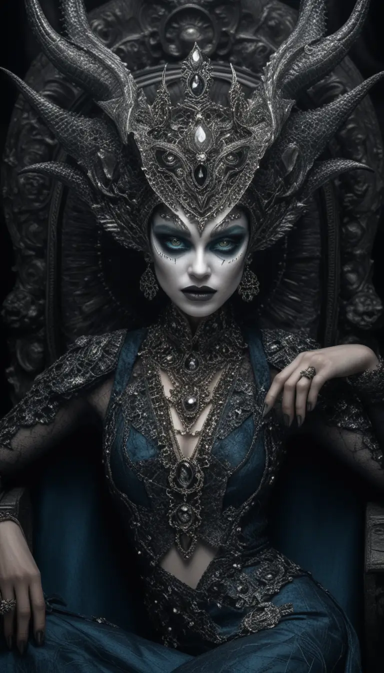 Regina demoniaca su trono barocco in un ritratto dark fantasy