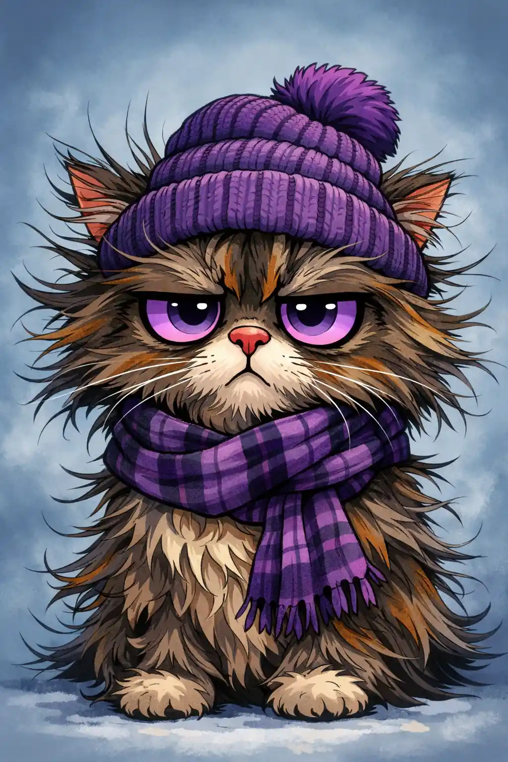 Chat Touffu et Ronchon avec Bonnet Violet et Écharpe à Carreaux
