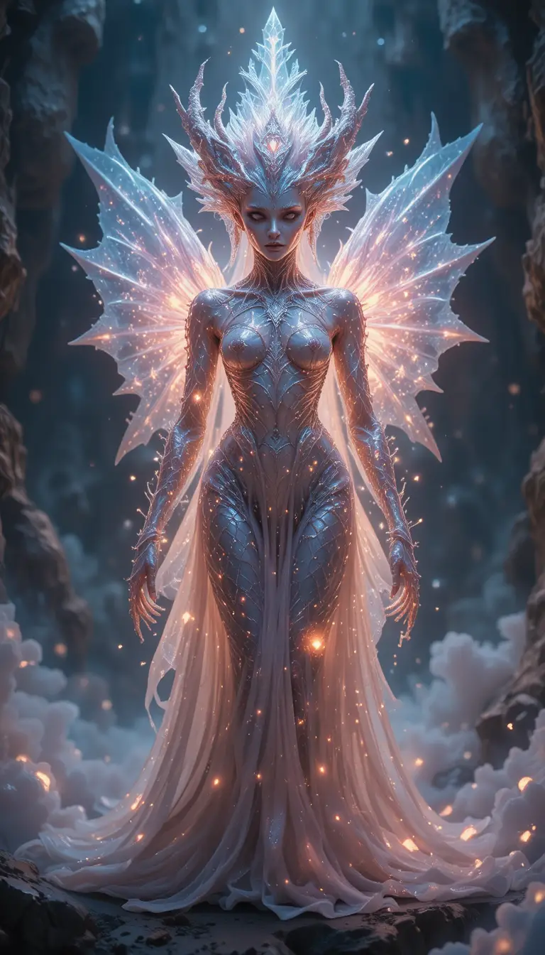Mythical humanoid with iridescent scales in ethereal light