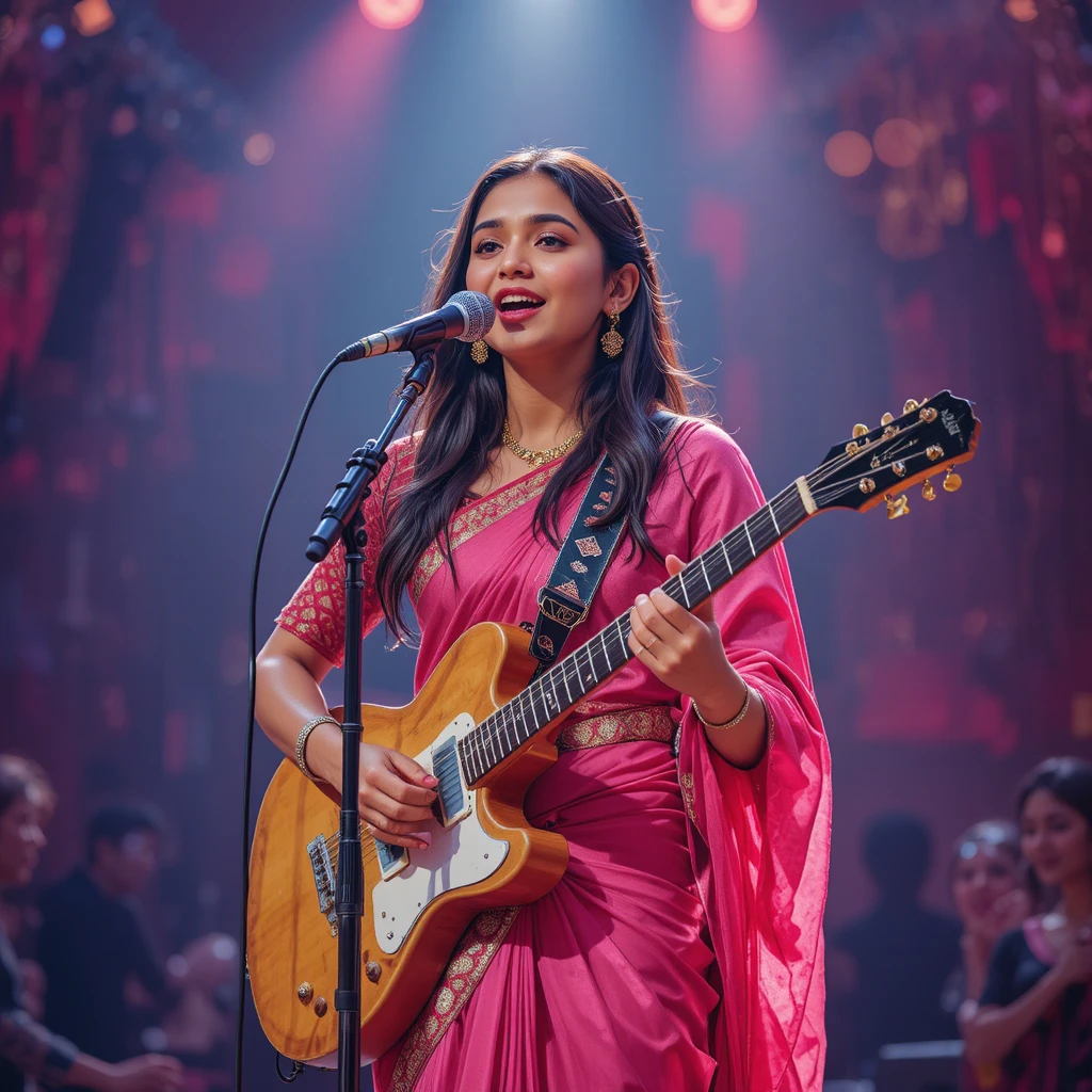 Young Indian singer in dark pink saree on stage