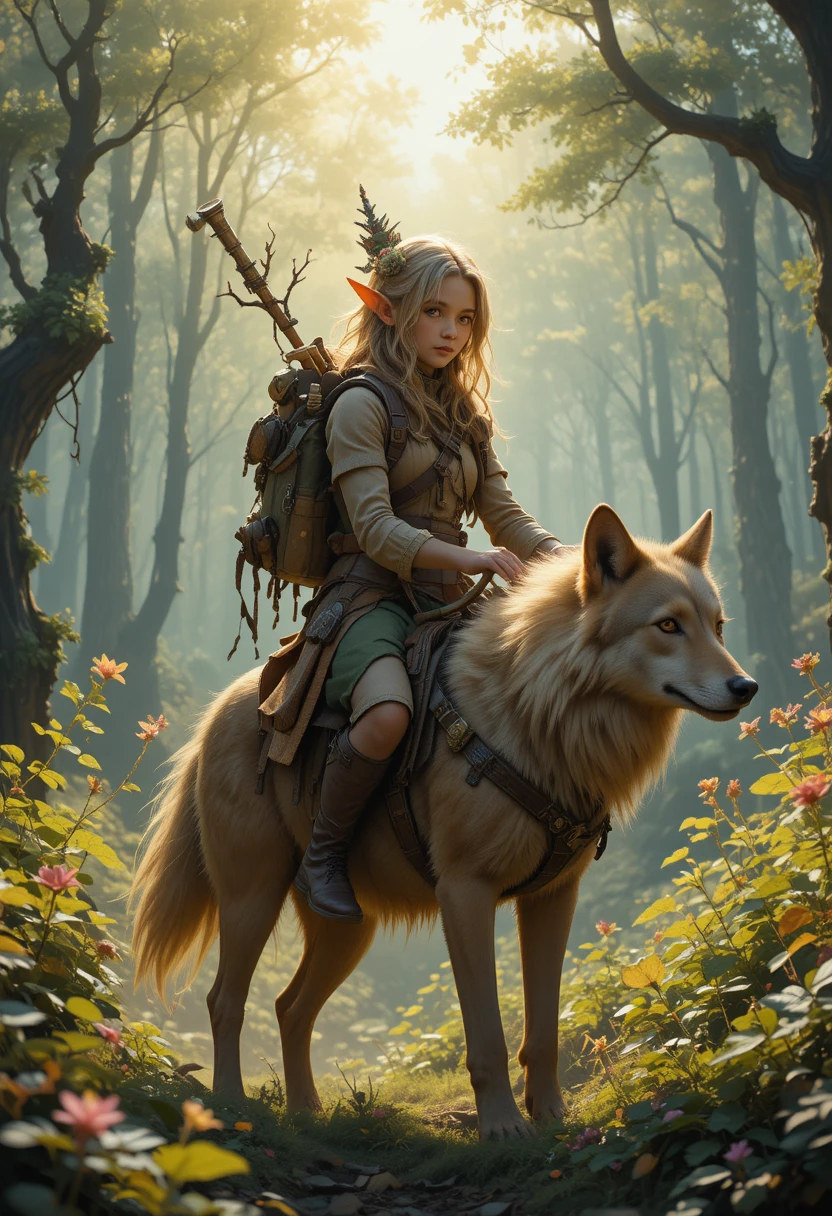 Forest elf riding a young wolf in a sunlit glade