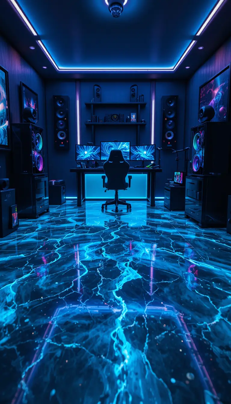 Dark gaming room with neon desk setup and epoxy floor