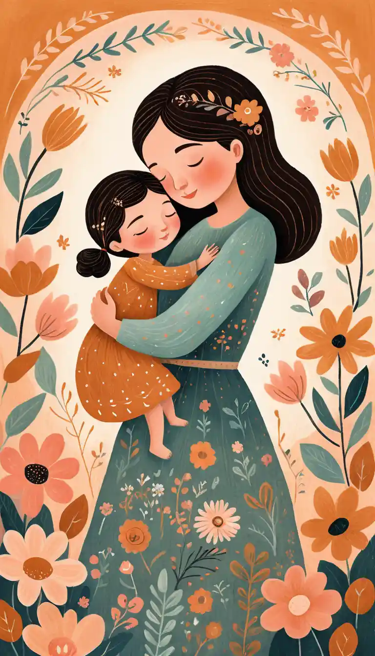 Acogedora ilustración folk art: niño abrazando a su madre en tonos pastel