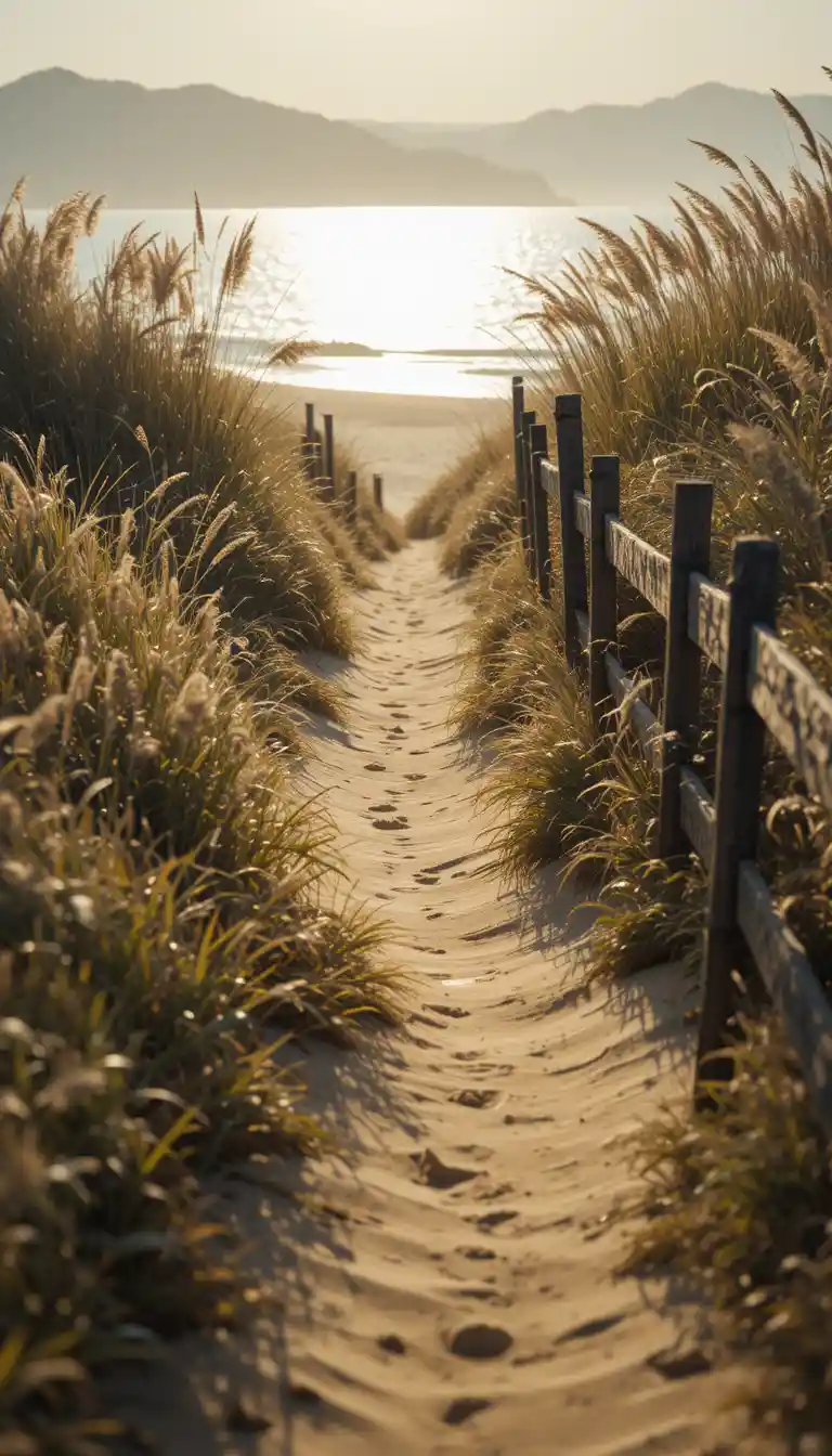 Golden Coastal Path Leading Toward A Calm Shimmering Ocean