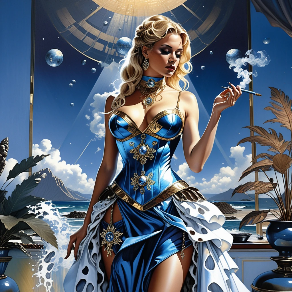 Blonde fantasy woman in corset walking through art studio