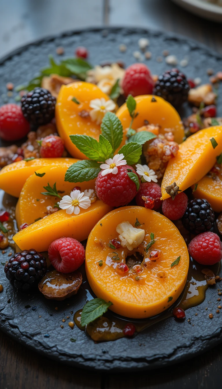 Plato de postre de frutas coloridas visto desde arriba