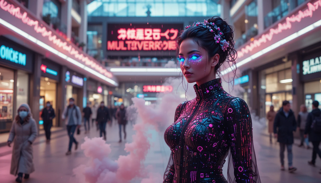 Neon crowned empress controlling a frozen cyberpunk crossroads