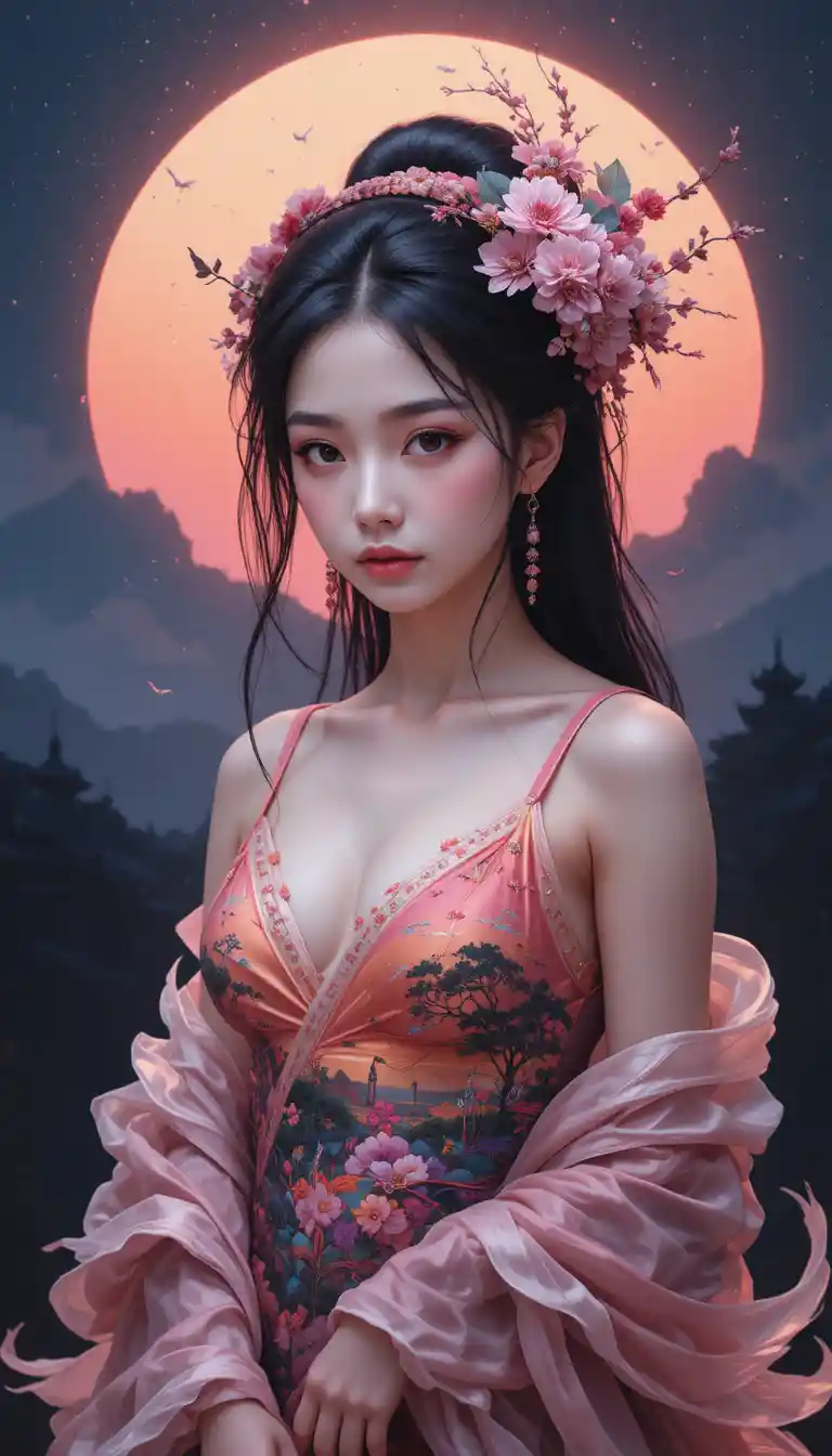 Sfumato sunset painting of a spring Chinese village