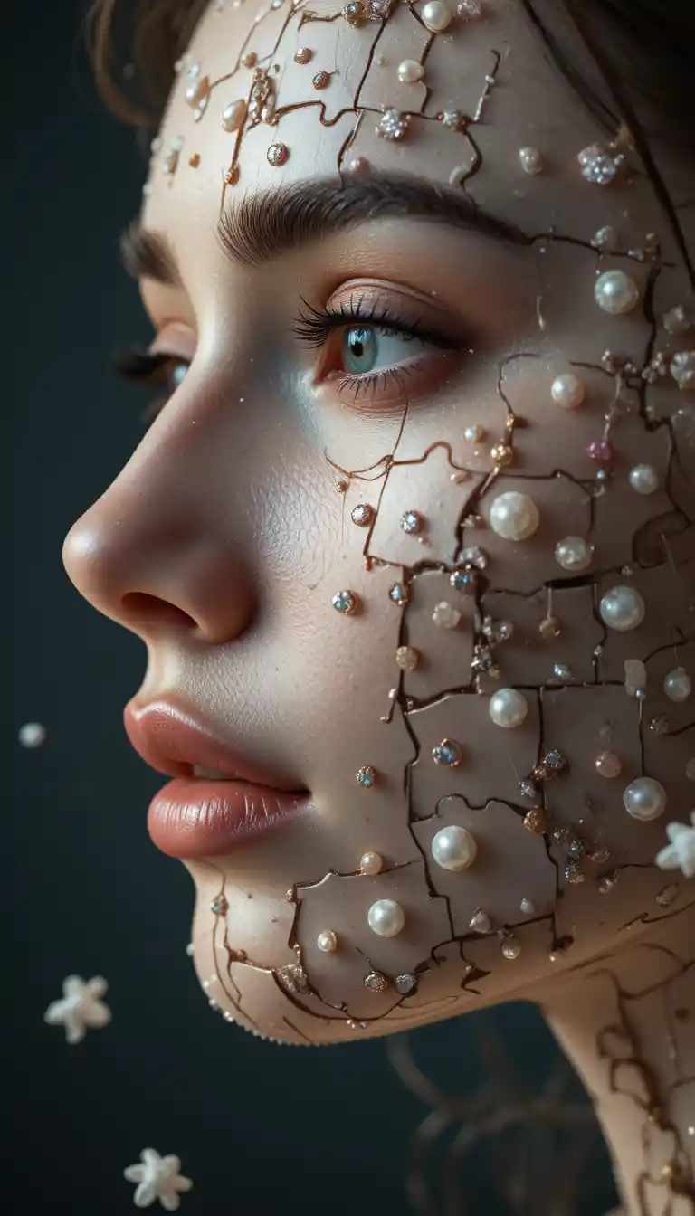 Side profile portrait of a girl made of puzzle pieces