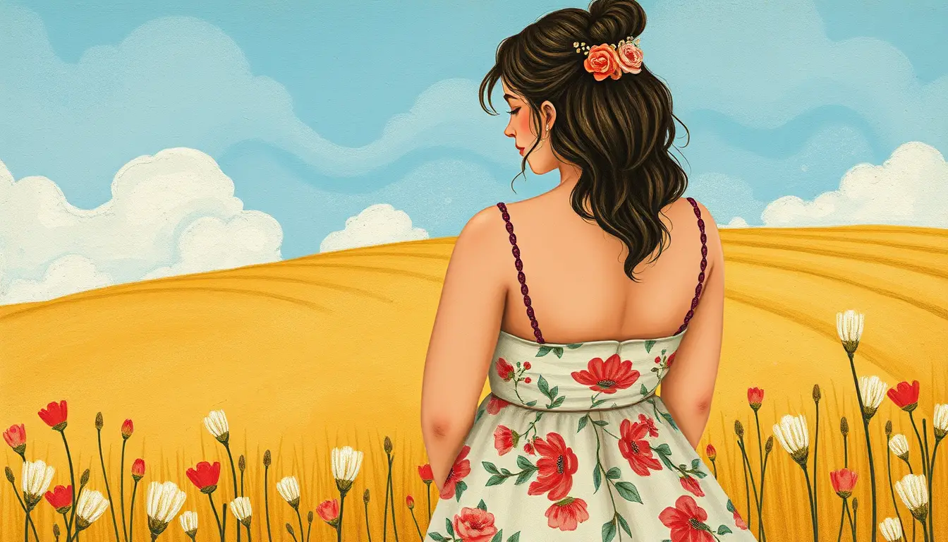 Whimsical folk art woman in a floral countryside scene