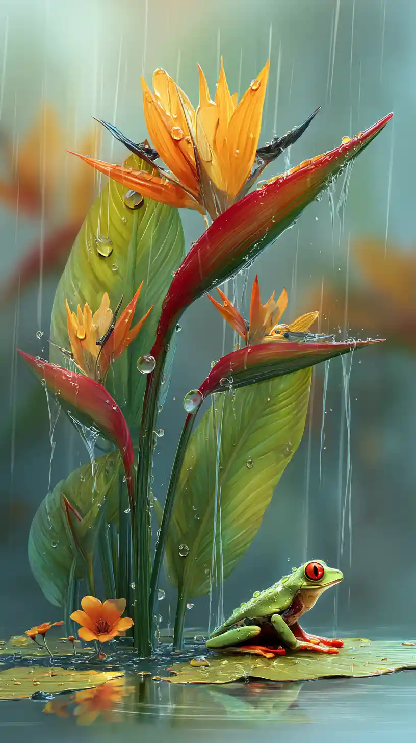 雨中天堂鳥與樹蛙的特寫鏡頭