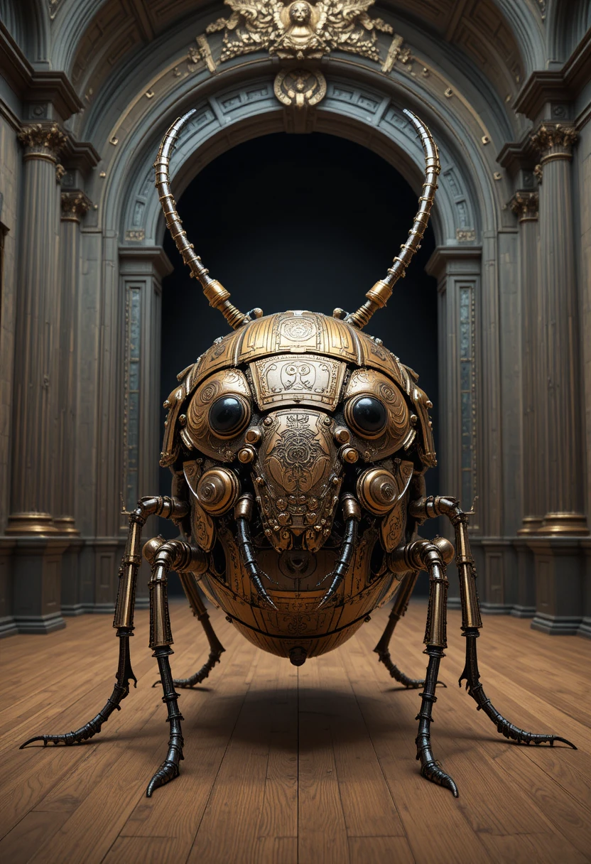Escarabajo mecánico steampunk en un gran salón victoriano
