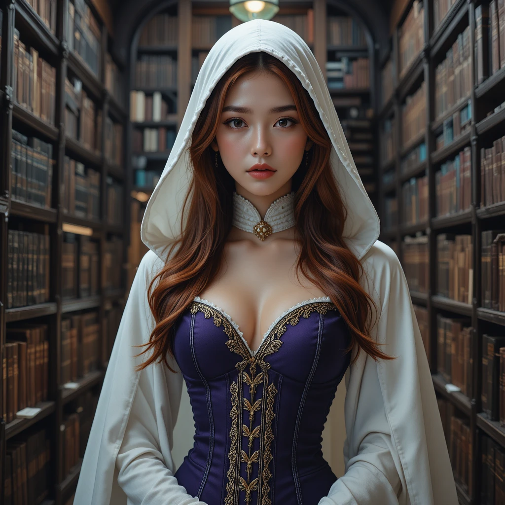 Estudiosa coreana com capa branca com capuz entre estantes de biblioteca