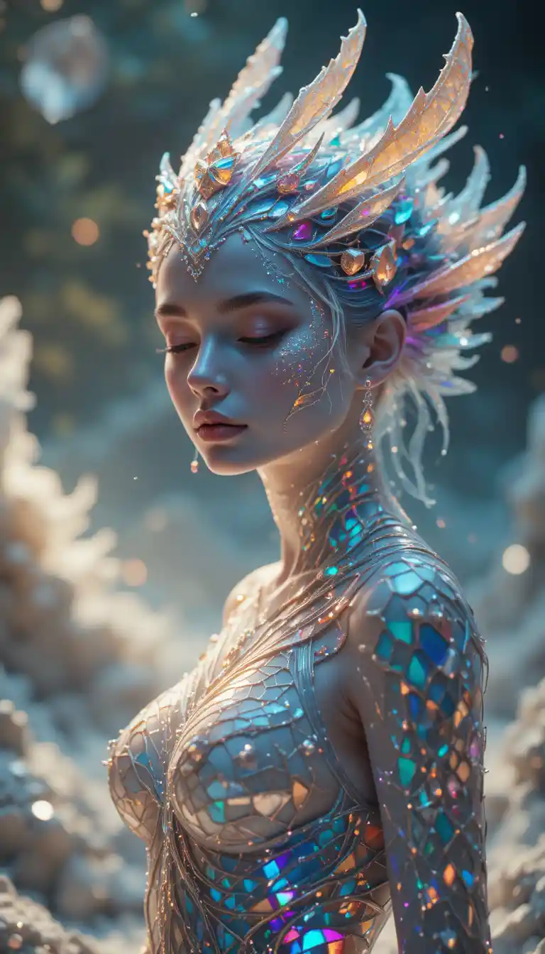 Mythical humanoid being with iridescent scales in soft light
