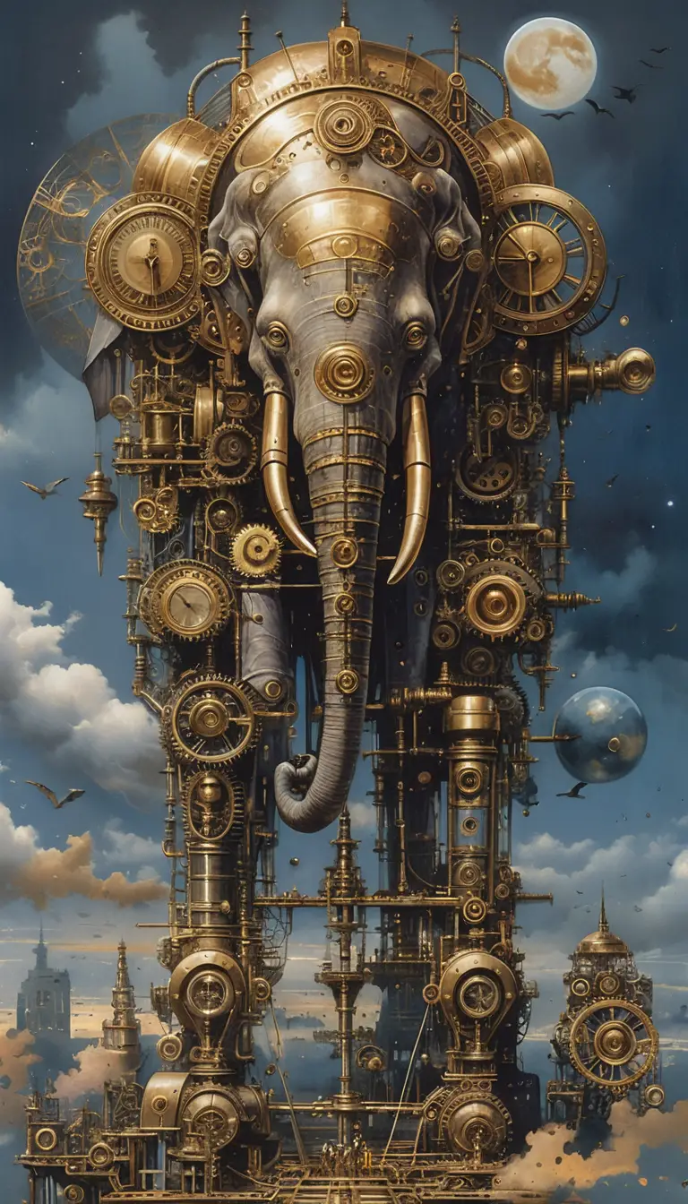 Gigantesco Elefante Mecánico Steampunk bajo el Cielo del Crepúsculo