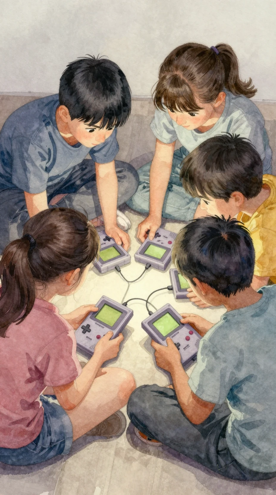 Watercolor children huddled around glowing handheld game consoles