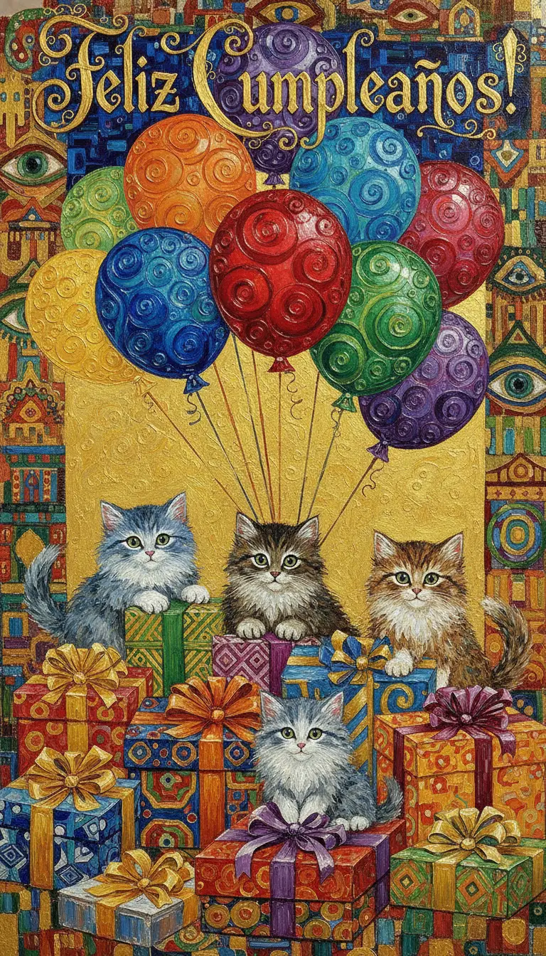 Colorful birthday card with playful kittens and balloons