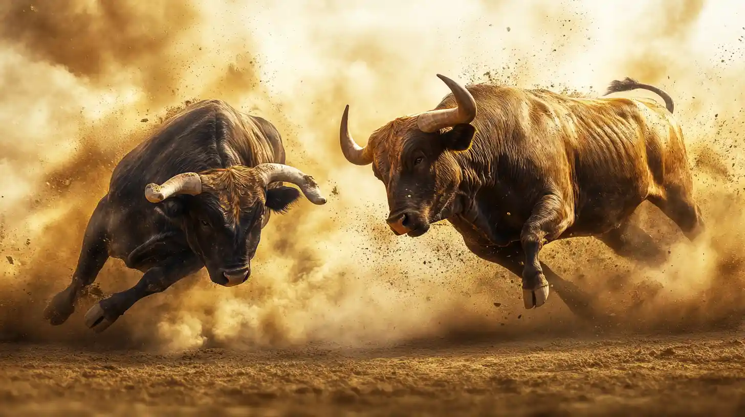 Two powerful bulls locked in an explosive dusty battle