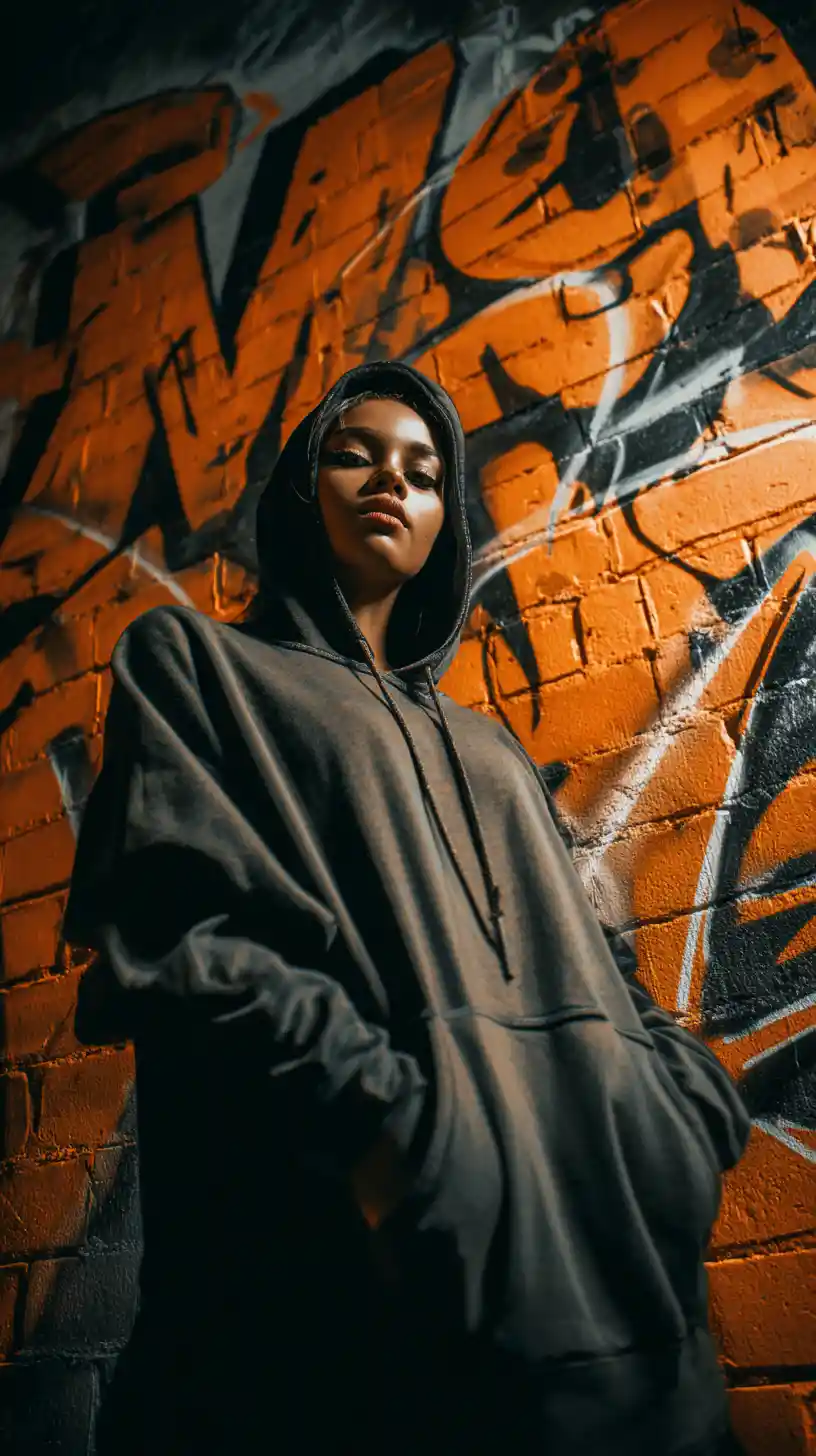 Young woman posing defiantly against graffiti covered brick wall