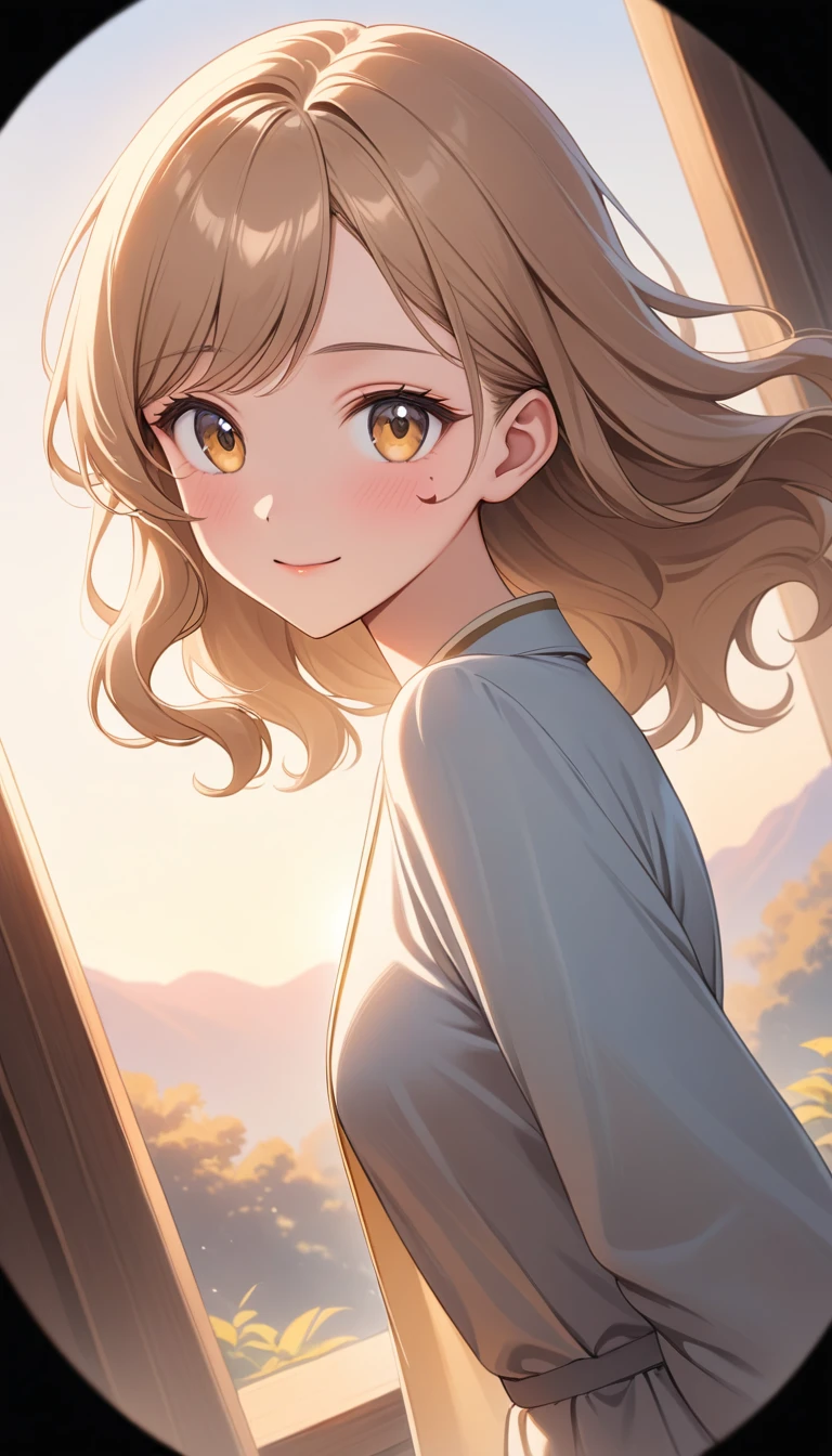Shy anime woman in vintage outfit at warm dawn outdoors