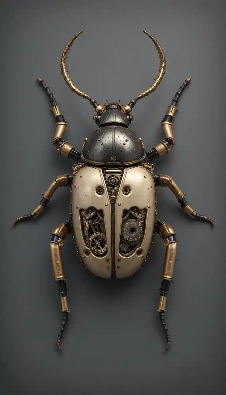 Steampunk Mechanical Beetle Sculpture In Symmetrical Top View