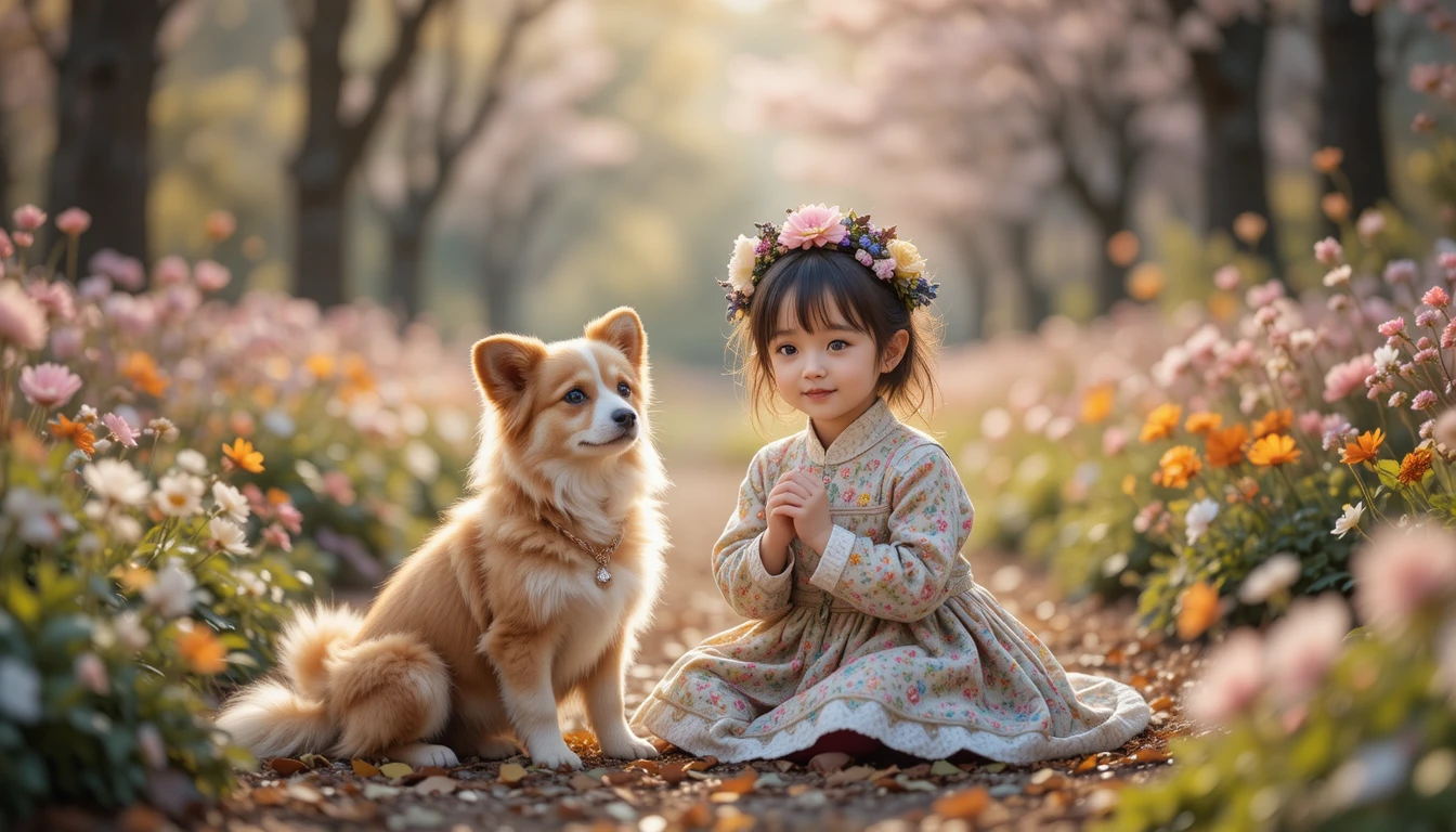 Menina fofa e cachorro em uma aconchegante cena floral de parque nacional