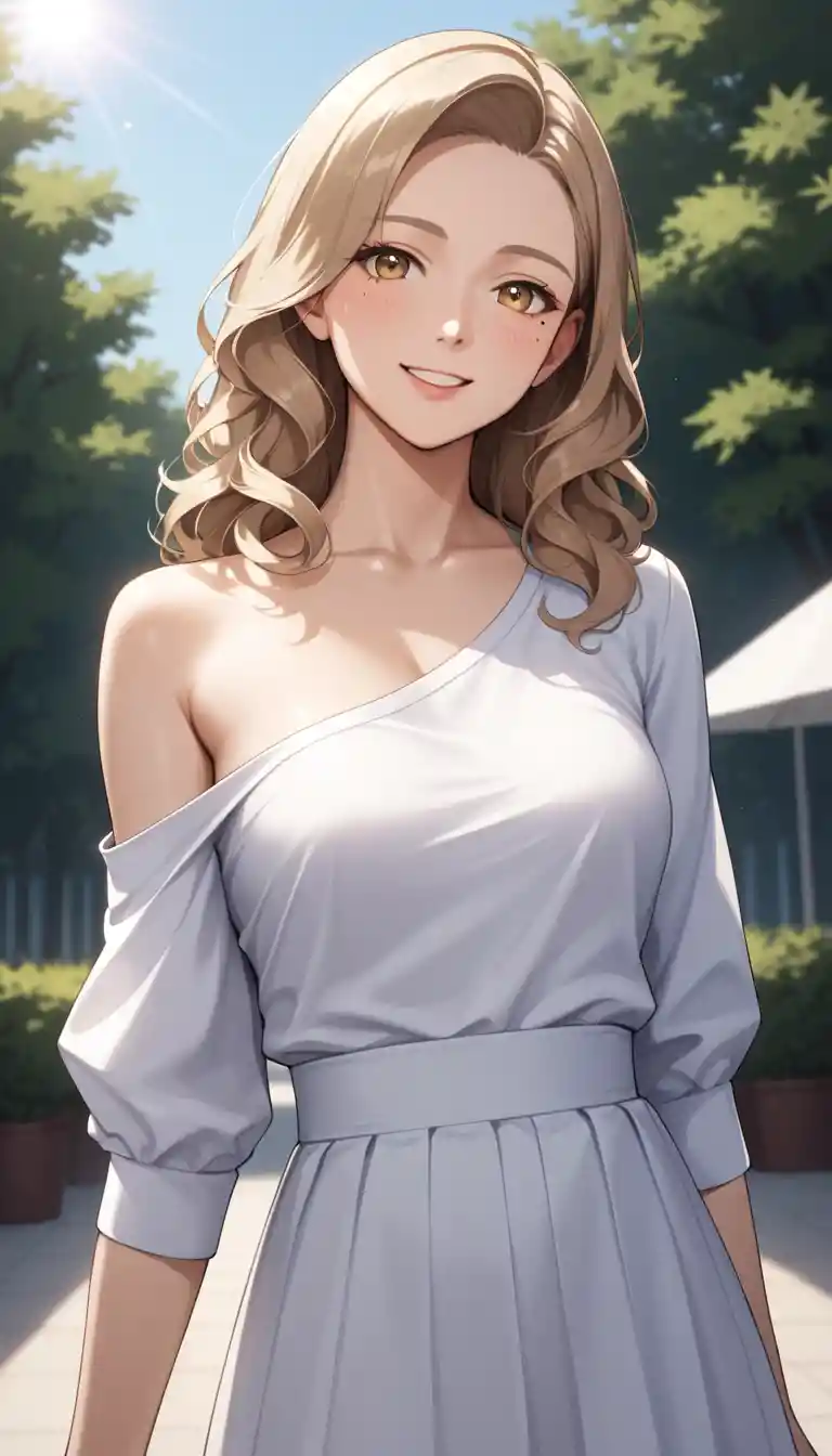 Schüchterne Anime-Frau im Morgengrauen in einer sanften Outdoor-Szene