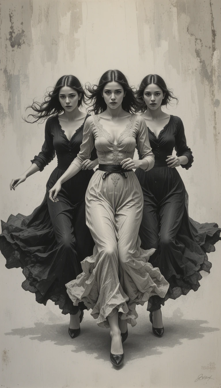Three fleeing women in impressionist charcoal oil painting