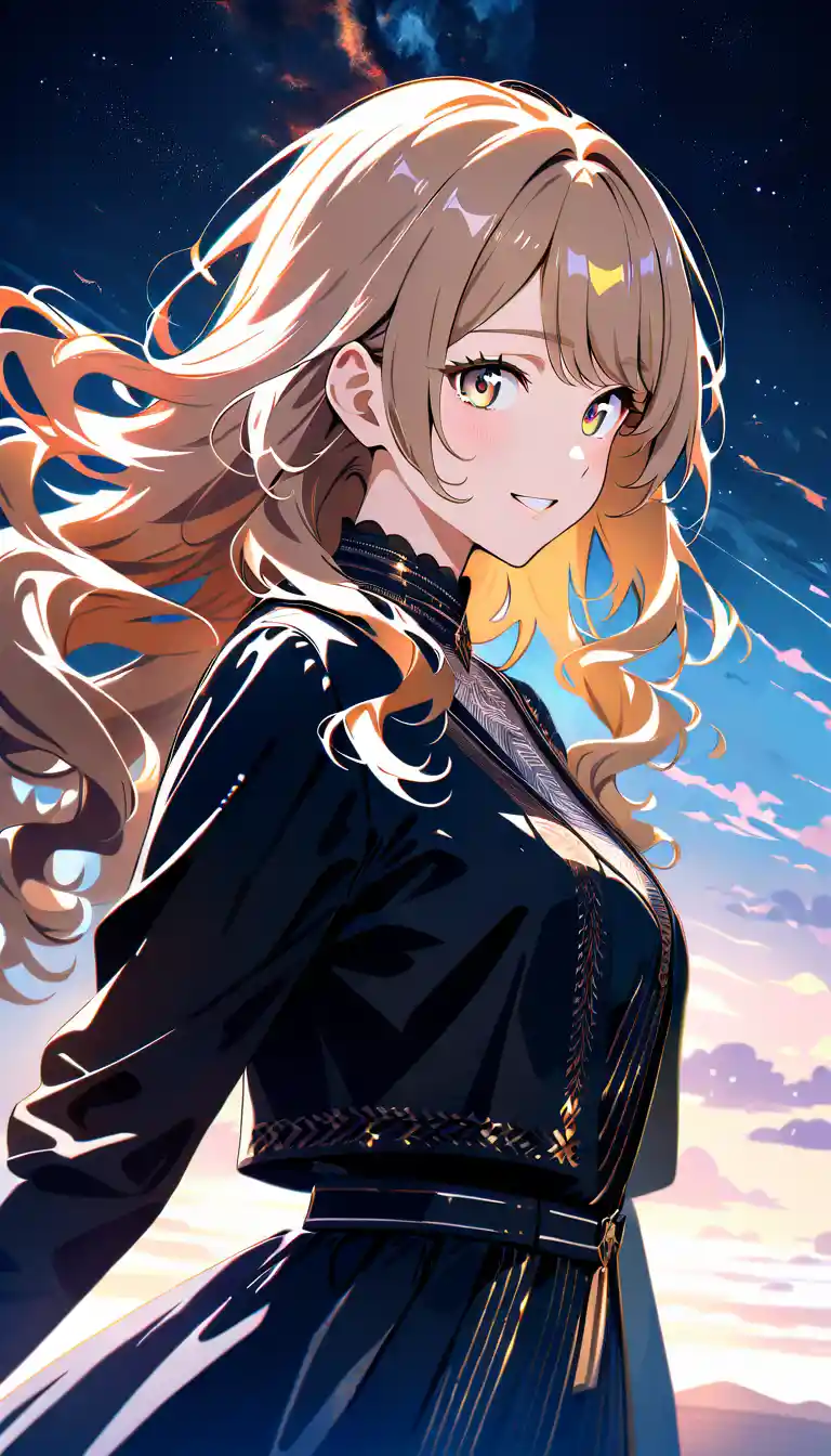 Shy anime girl smiling softly in warm sunrise light