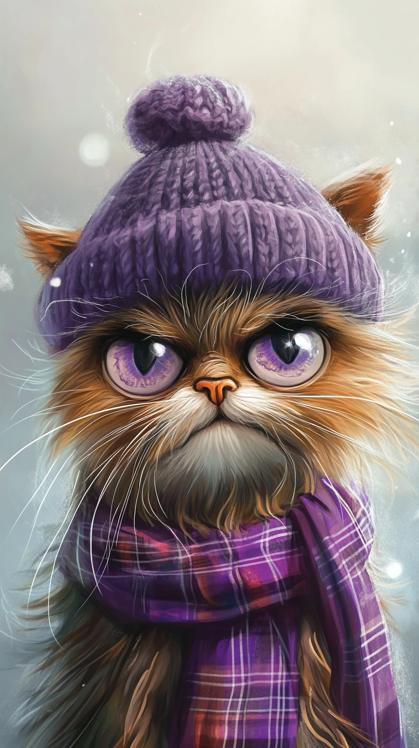 Gato fofo e fantasioso com chapéu roxo e cachecol xadrez