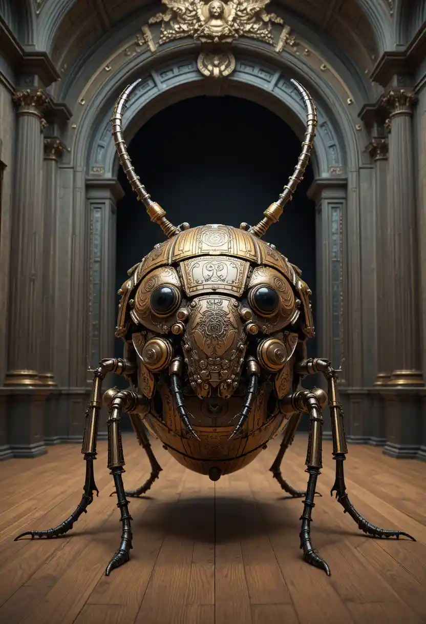 Escarabajo mecánico steampunk en un gran salón victoriano