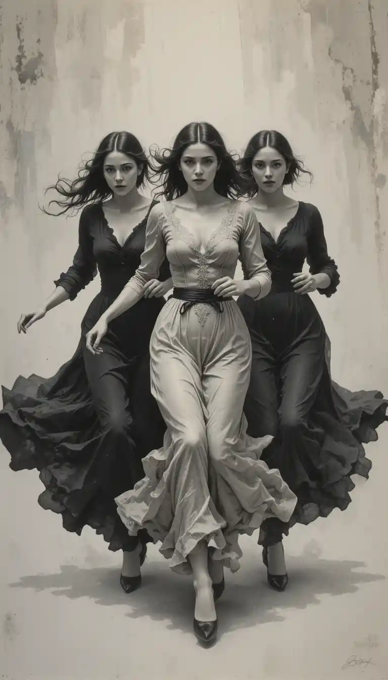 Three fleeing women in impressionist charcoal oil painting